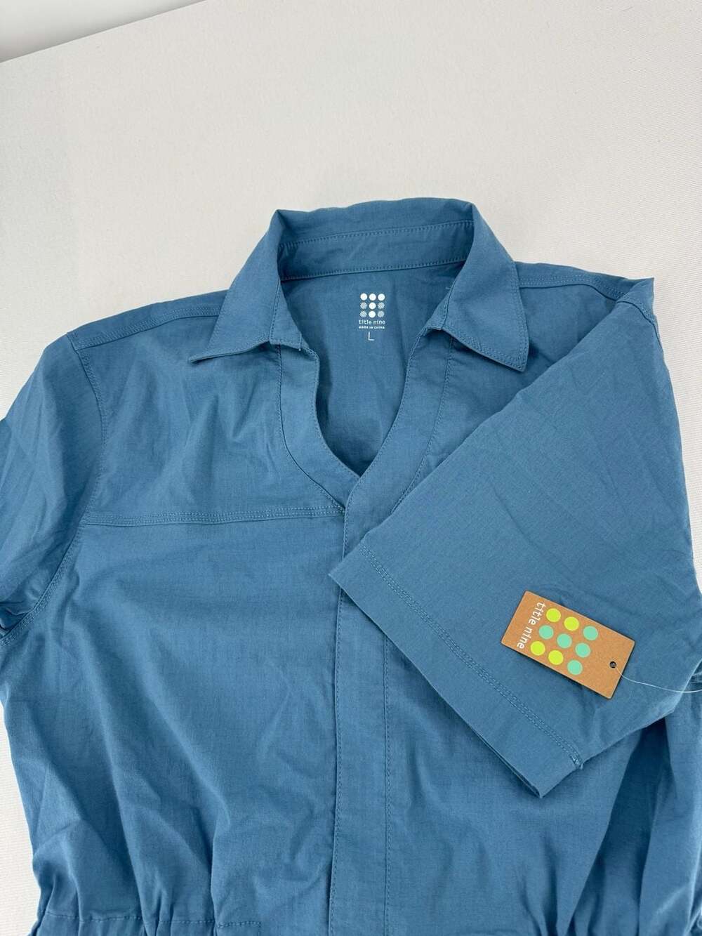 Title Nine Wren SS Utility Shirt Dress Size L Blue Cotton Blend